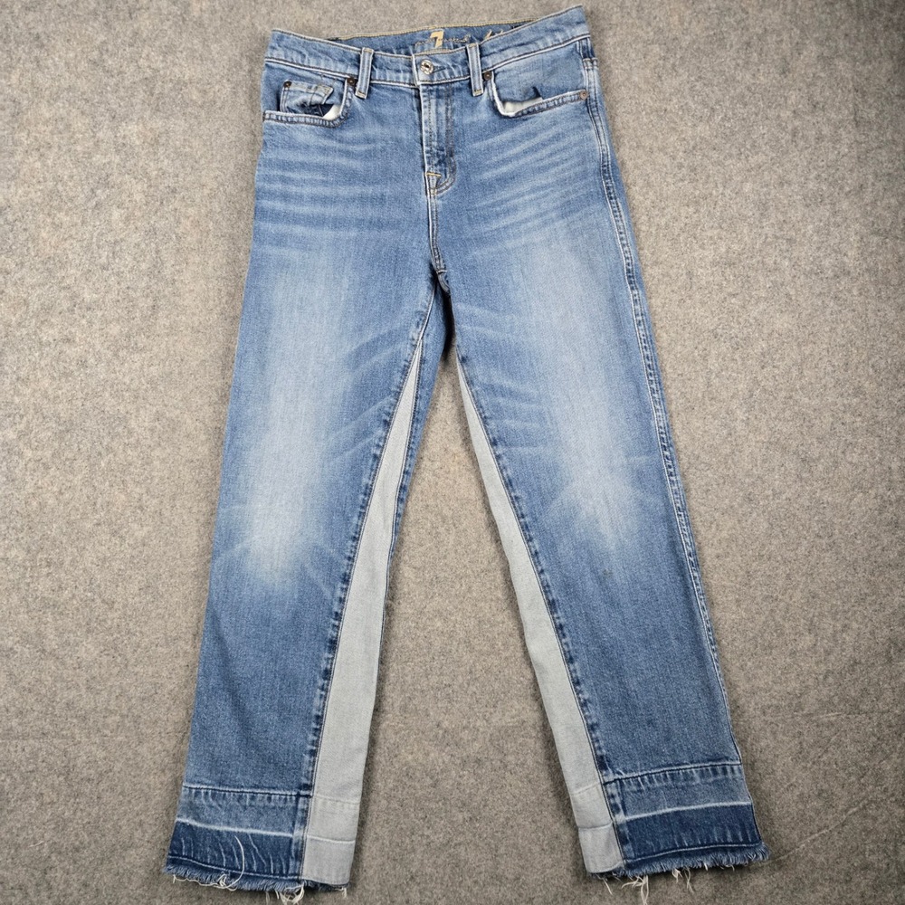 7 For All Mankind Jeans Womens 26 Blue Kiki Tuxedo Stripe Raw Hem Straight Leg